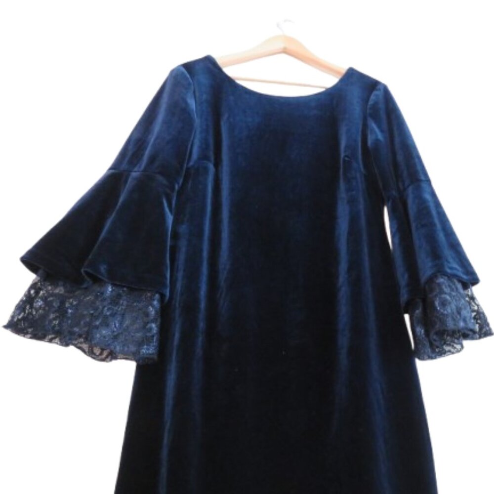 FRANK LYMAN Navy Blue Velvet Morticia Addams Bell Sleeve Dark Whimsigoth Dress - Picture 1 of 10
